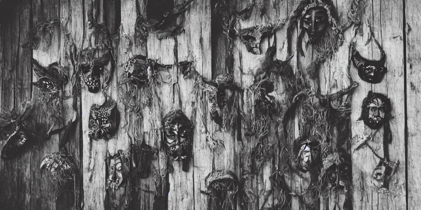 Prompt: tyrolean and alpine folk folklore masks hanging on wooden wall, 1 9 2 0 analog photography, black and white, grainy, dark