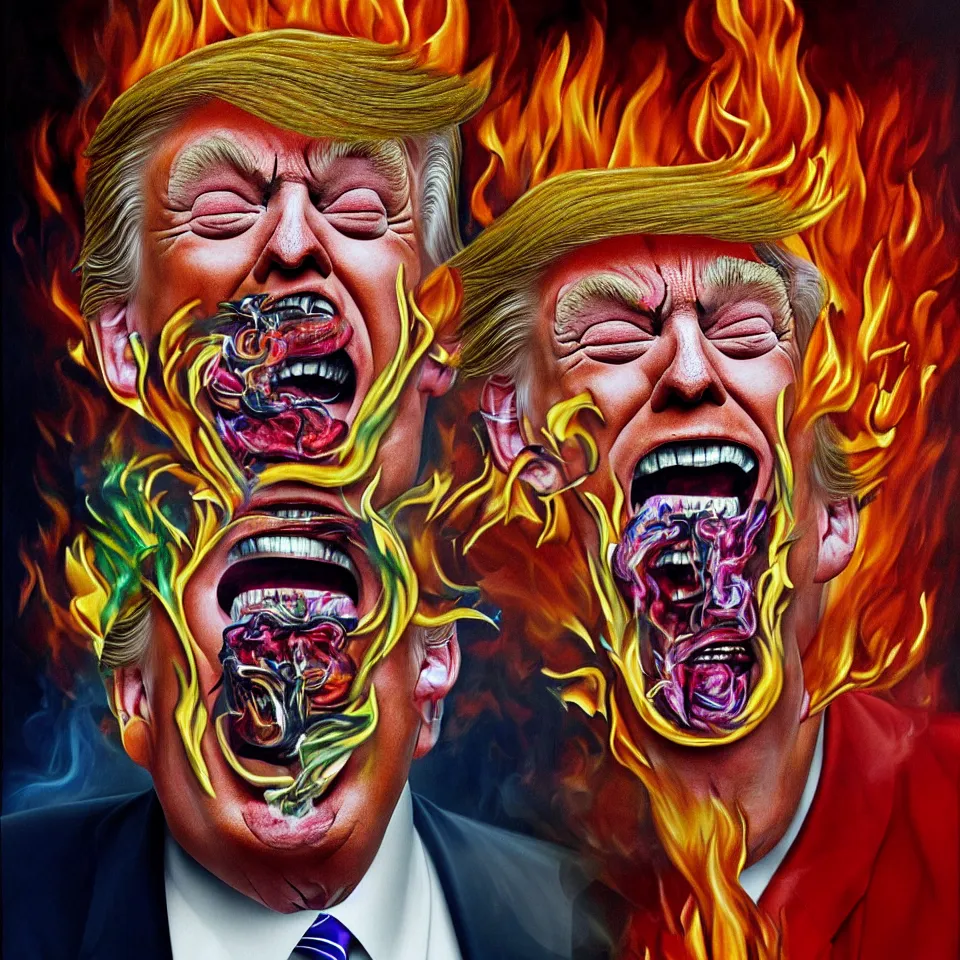 Image similar to weird and disturbing psychedelic donald trump smoking weed, laughing and screaming, ash burned on his face, horrible burns, diffuse lighting, fantasy, intricate, elegant, highly detailed, lifelike, photorealistic, oil painting, illustration, concept art, smooth, sharp focus, art by francis bacon