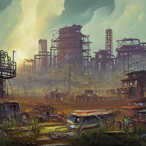 Image similar to beautiful painting of an industrial wasteland with balinese ruins and oriental decaying monuments in the style of Simon Stålenhag and H. R. Giger