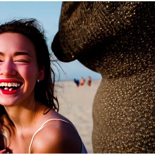 Image similar to beautiful hyperrealism hyperdetailed candid photograph of a cute young woman smiling widely and in happy disbelief because of a marriage proposal, flushed face, red blush, puffy lips, soft features, 8 k, sharp focus, golden hour, beach setting