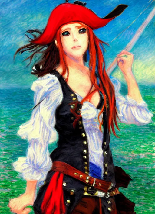 Image similar to a portrait of a female pirate, an in character outfit, very anime in impressionist style, anime trending artwork, 4 k, anime painter studio, by claude monet