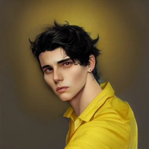 Prompt: ultra realistic illustration, a young man with black hair, in a checkered yellow shirt, with blue eyes, highly detailed, digital painting, artstation, concept art, smooth, sharp focus, illustration, art by artgerm and greg rutkowski and alphonse mucha