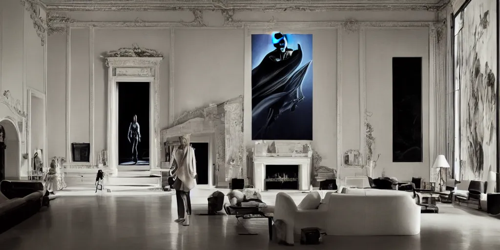 Image similar to Batman standing in giant Italian modern castle living room, clean minimalist design, that is 1300 feet tall, with very tall giant walls filled with modern art paintings, doors that are cosmic portals, photo by Annie Leibovitz