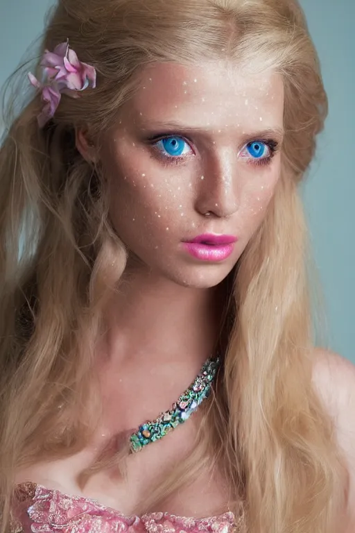 Image similar to close up headshot of a princess with long blonde hair and light blue eyes wearing a strapless elaborately beaded pink dress, high resolution film still, 8k, HDR color, film by Simon Langton and David Frankel, triangular face, very light freckles, round narrow chin, straight jawline, natural lips, high cheekbones, beautiful gazing eyes