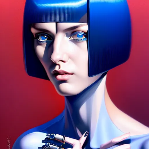 Prompt: woman with dark bobcut haircut with friendly blue eyes and slim features looking askance, eye cyberpunk bionics, retro futurist style, intricate, elegant gleaming jewelry, angelic halo, highly detailed, digital painting, artstation, concept art, smooth, sharp focus, illustration, art by wlop, mars ravelo and greg rutkowski,