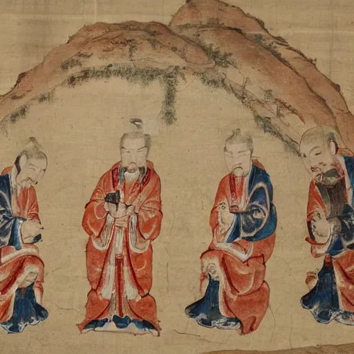 Prompt: a group of Jesuits drawing on Chinese scrolls, 14th century fresco, masterpiece