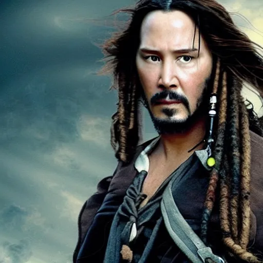 Image similar to a frame of Keanu Reeves in Pirates of the Caribbean