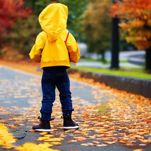 Image similar to anthropomorphic cute kitten wearing a yellow raincoat and yellow boots and red backpack standing next to a schoolbus on the first day of kindergarten, with colorful fall leaves and light rain, critical moment photograph