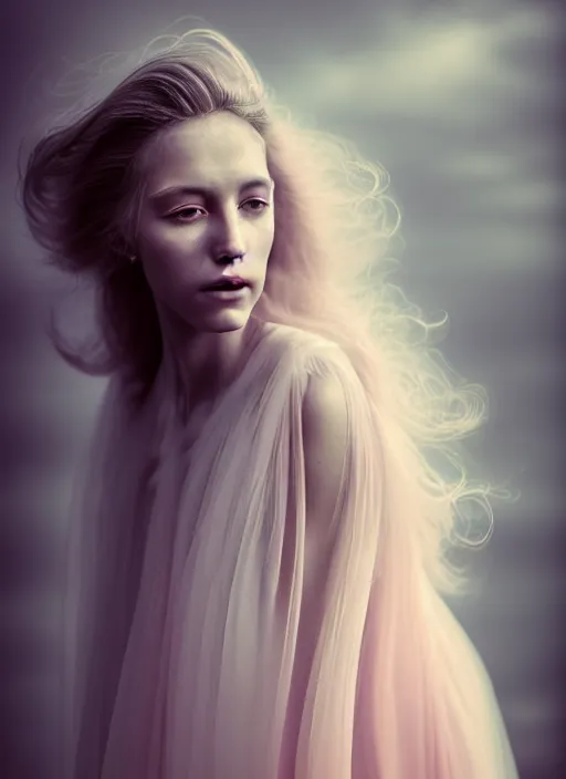 Image similar to portrait photography of a beautiful woman, in fine art photography style of Giovanni Gastel , britt marling style 3/4 , natural color skin pointed in rose, the hair is like stormy clouds, full body dressed with a ethereal transparent voile dress, elegrant, 8K, soft focus, melanchonic soft light, volumetric dramatic lighting, highly detailed Realistic, hyper Refined, Highly Detailed, natural point rose', outdoor soft lighting, soft dramatic lighting colors scheme, soft blur lighting, fine art fashion photography