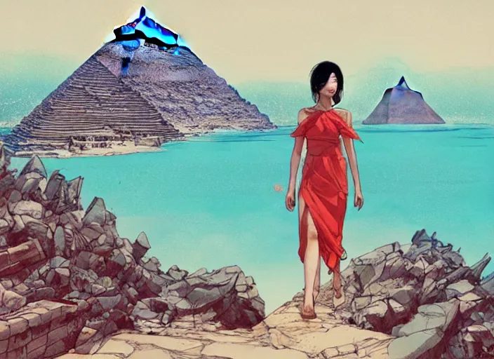 Image similar to lee jin - eun in luxurious dress emerging from turquoise water in egyptian pyramid city during an eclipse by conrad roset, m. k. kaluta, martine johanna, rule of thirds, elegant look, beautiful, chic