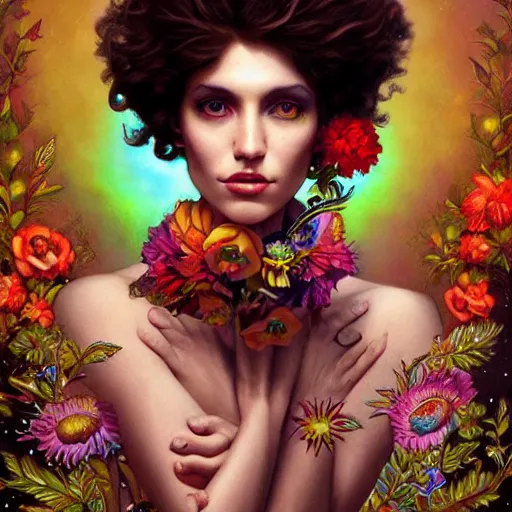 Prompt: Lofi magicpunk portrait beautiful woman with short brown curly hair, roman face, phoenix, rainbow, floral, Tristan Eaton, Stanley Artgerm, Tom Bagshaw