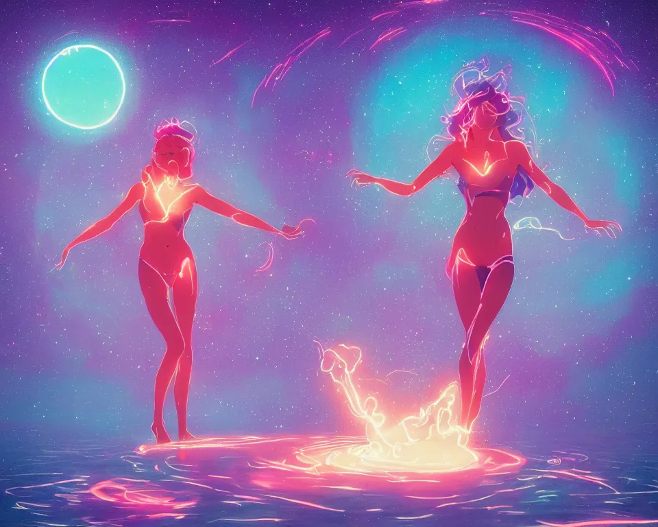 Image similar to a beautiful whimsical goddess standing on a lake basking in the moonlight, firebending, underneath a multi-colored binary blackhole with an accretion disc, glowing trails following her arms, wearing professional makeup, synthwave, by Lois van Baarle, by Greg Rutkowski, by artgerm, by beeple, by studio ghibli, cinematic angle, volumetric lighting, 4k resolution, octane render, trending on artstation, masterpiece