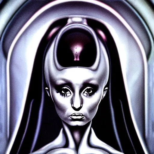 Image similar to alienated human resembling Ariana Grande, style of Giger, H. R. GIGER