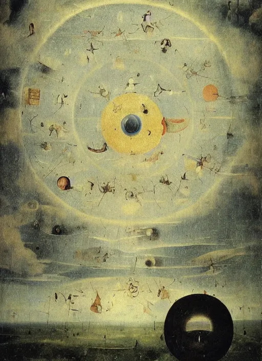 Image similar to disc-like floating objects in the sky painted by hieronymus bosch, detailed digital art, trending on Artstation