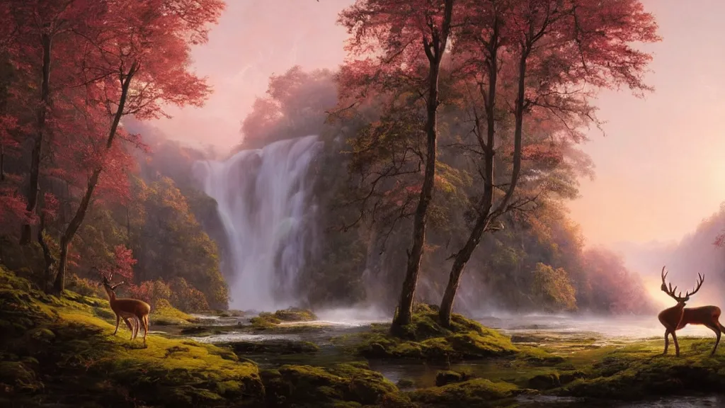 Image similar to the most beautiful panoramic landscape, oil painting, where a giant dreamy waterfall creates a river, the trees around are starting to bloom in pink colors, a majestic deer is in close - up and it is exhaling steam, the ray lights of the sunrise are brightening him, by greg rutkowski