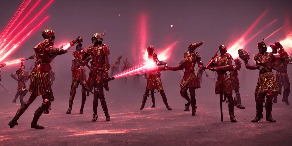 Prompt: futuristic roman army, red and gold with purple lasers, dramatic, cinematic, unreal engine