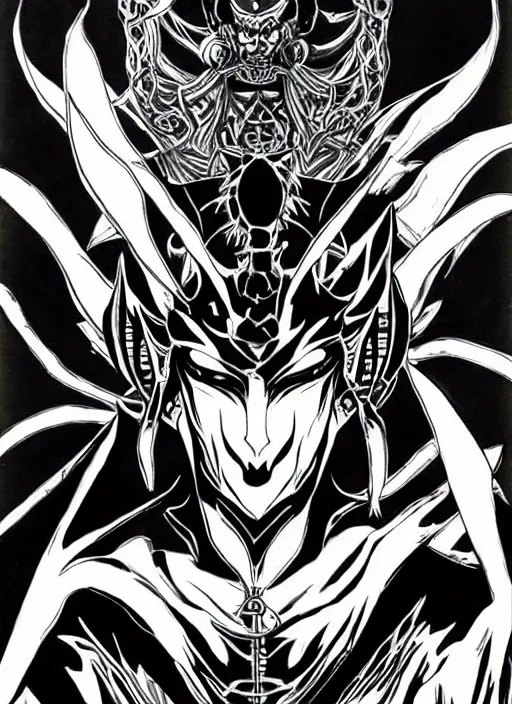 Image similar to shin megami tensei art of a demon called black volga, art by kazuma kaneko, demonic! compedium!, digital drawing, white background, high quality, highly detailed