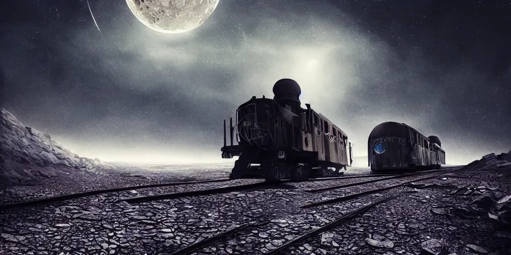 Image similar to ! dream ultra realistic illustration, an outdoor on the moon with an old broken train, lunar landscape, elegant, highly detailed, artstation, concept art, smooth, sharp focus, moody, dramatic lighting