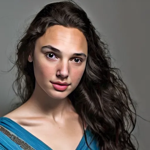 Prompt: a beautiful young girl who looks like gal gadot and rebecca fergueson portrait photo