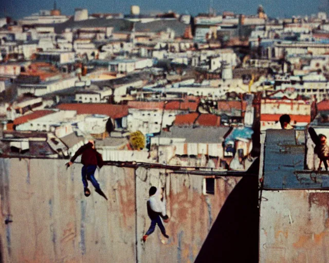 Prompt: lomo photo of roofjumpers climbing on roof of soviet hrushevka, small town, cinestill, bokeh, out of focus