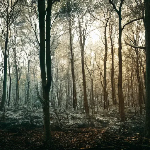 Image similar to professional photograph of a forest covered in melted silver and gold, high quality, cinematic lighting, hd, 4 k, 8 k