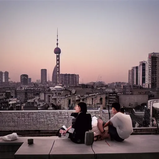 Image similar to a small rooftop with a couple of people sitting and watching the view, wearing black modern clothes, modern shanghai bund is on the background, sunset, by gregory crewdson