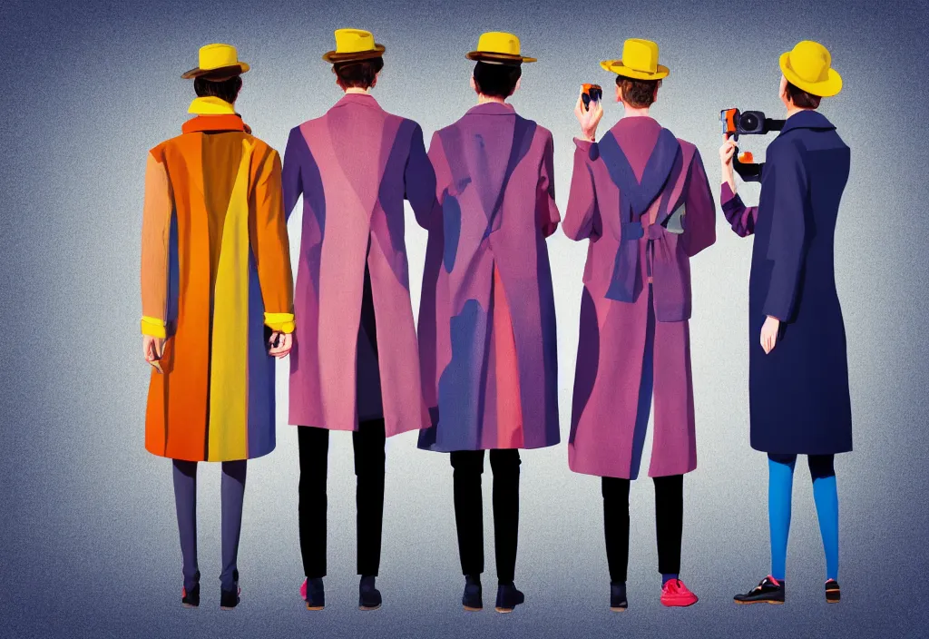 Image similar to full body portrait of a trio of young fashionable european tourists long pattern coat travel apparel, with nikon cameras, sightseeing various poses shooting photos, character designs painting, in the style of wes anderson, rene magritte, lola dupre, david hockney, isolated on white background, dark monochrome neon spraypaint accents volumetric octane render