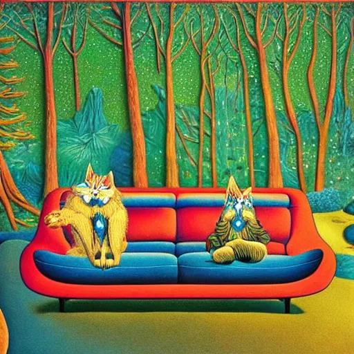 Image similar to psychedelic couch sofa in the pine forest, guitar, milky way, designed by moebius, rob gonsalves, gustav dore, giuseppe arcimboldo and carl barks, louis wain, trending on artstation, canada, star, sharp focus, colorful refracted sparkles and lines, soft light, 8 k 4 k