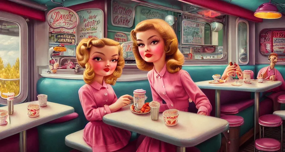 Prompt: closeup profile portrait of a 1 9 5 0 s diner, nicoletta ceccoli, mark ryden, lostfish, max fleischer, hyper realistic, artstation, illustration, digital paint, matte paint, vivid colors, bright, cheerful, detailed and intricate environment