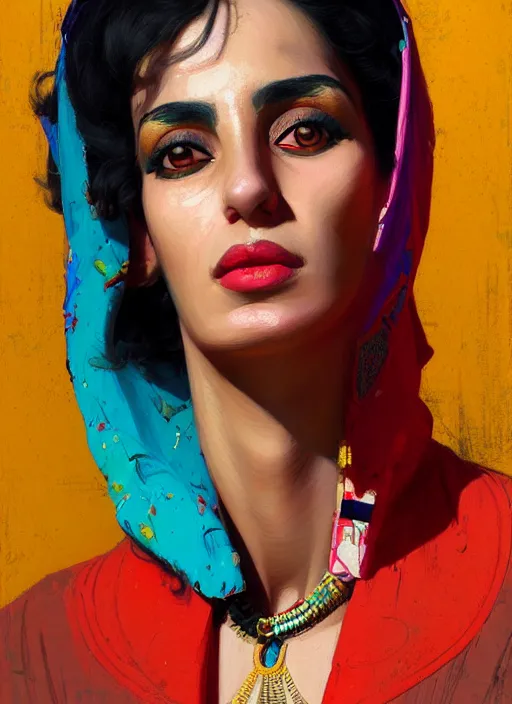 Image similar to portrait of an egyptian woman with a crooked nose and a confident expression, 1 9 6 0 s, colorful clothes, punk, funk, intricate, elegant, highly detailed, digital painting, artstation, concept art, smooth, sharp focus, illustration, art by wlop, mars ravelo and greg rutkowski