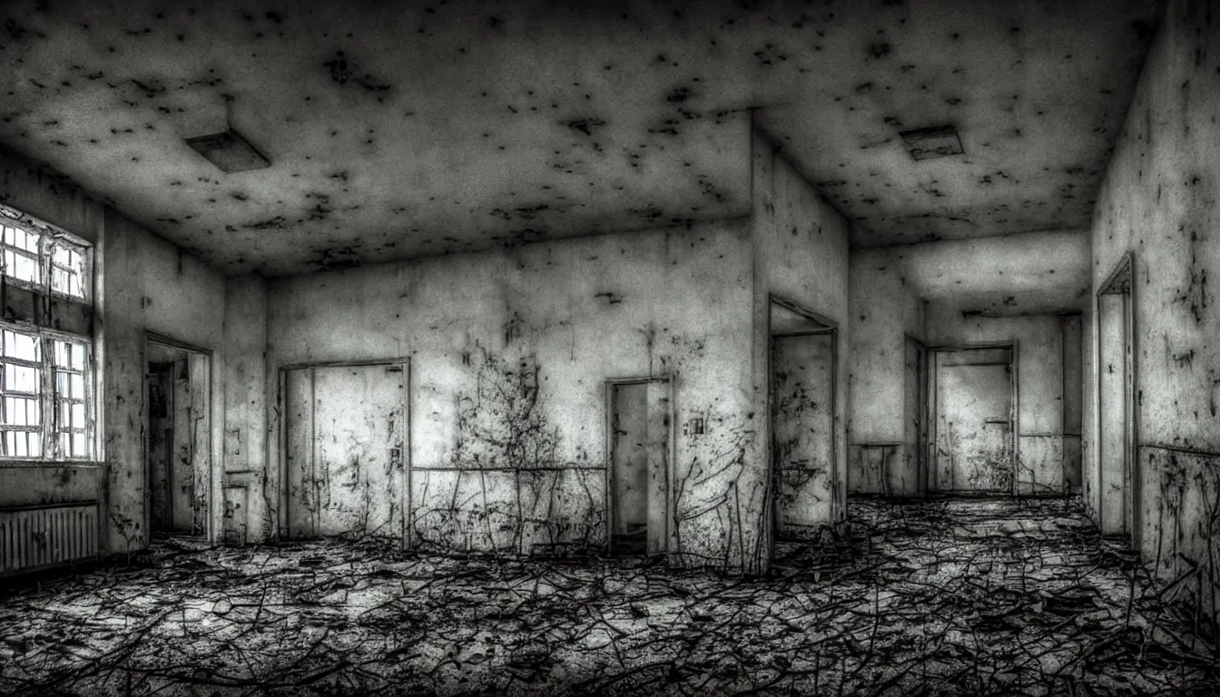 Image similar to hospital in pripyat, dark, atmospheric, scary, claustrophobic, ambient vibe