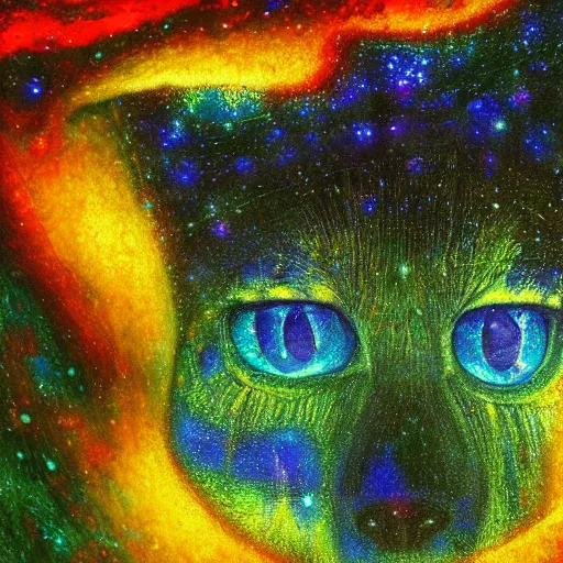 Image similar to psychedelic lush pine forest, outer space, milky way, amber eyes cat eyes designed by arnold bocklin, jules bastien - lepage, tarsila do amaral, wayne barlowe and gustave baumann, cheval michael, trending on artstation, star, sharp focus, colorful refracted sparkles and lines, soft light, 8 k 4 k