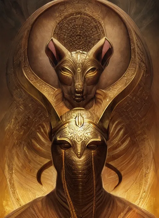 Image similar to anubis, gold, shamanic poste, elegant, highly detailed, centered, digital painting, artstation, concept art, smooth, sharp focus, illustration, artgerm, tomasz alen kopera, peter mohrbacher, donato giancola, joseph christian leyendecker, wlop, frank frazetta