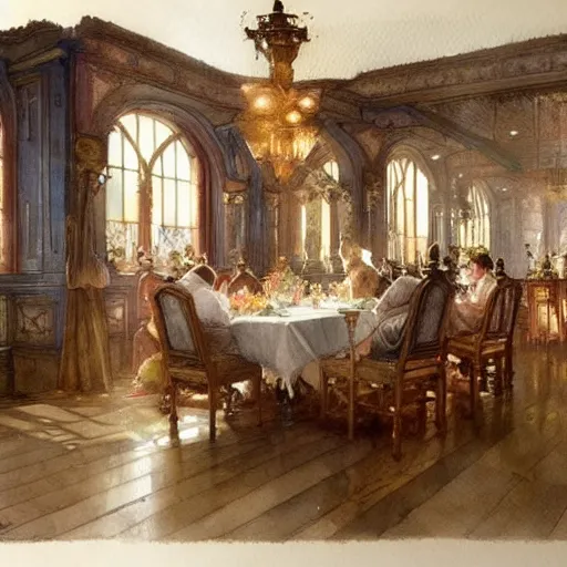 Prompt: a beautifull intricate watercolour painting of a dining room, reflexions, verry high details by william turner art, greg rutkowski and alphonse mucha, trending on artstation, very very detailed, masterpiece, muted colors