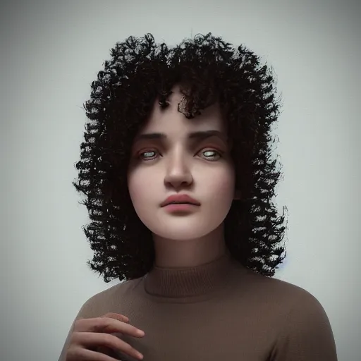 Prompt: portrait of a young lady with curly black hair with, round face, big brown eyes, picture, hyperrealistic, focused, hyper realistic, ultra detailed, octane render, volumetric lighting, 8 k post - production