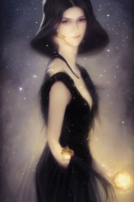 Image similar to Nocturne, glowing, stars, a long-legged elegant evil woman, long black hair, pearl amulet, highly detailed, mysterious, ethereal, dressed in black velvet, haute couture, illustration, dramatic lighting, soft details, painting, by Edmund Blair Leighton, Brom, Charlie Bowater, trending on artstation, faces by otto schmidt