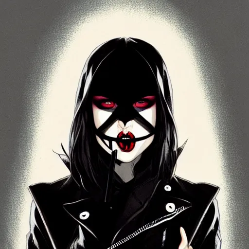 Image similar to rafael albuquerque comic art, peter mohrbacher, steve niles, artgerm, pretty willa holland vampire sharp vampire teeth open mouth, symmetrical eyes, black leather jacket, jeans, long blonde hair