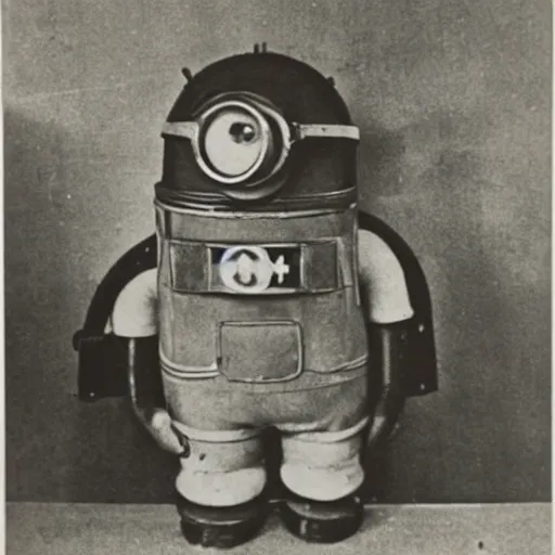 Image similar to old creepy black and white photograph of a minion!!!!! in deep sea diving gear