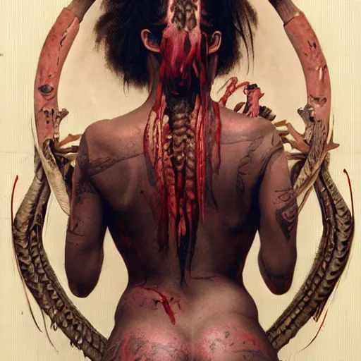 Image similar to zoomed out portrait painting of a muscular bloodied tribal girl butcher, tattooed, lower back, ultra realistic, concept art, intricate details, eerie, highly detailed, photorealistic, octane render, 8 k, unreal engine. art by artgerm and greg rutkowski and alphonse mucha