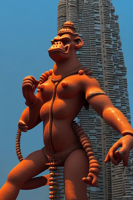 Image similar to high quality 3 d cyberpunk biomorphic hanuman! monument & buildings in mumbai!!, highly detailed, cinematic smooth, stephen shore & john j. park, soft morning light, wide shot, high angle, uhd 8 k, sharp focus