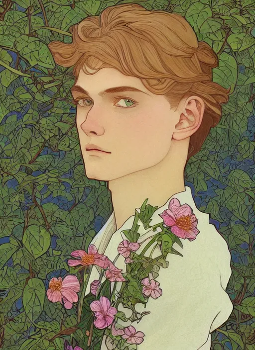 Image similar to book cover, pretty young man with shoulder length blond hair, male, half body shot, flower pattern background, path traced, highly detailed, high quality, digital painting, by studio ghibli and alphonse mucha, leesha hannigan, hidari, art nouveau, chiho aoshima, jules bastien - lepage