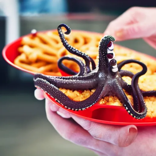 Image similar to octopus made of steel eating fastfood, 5 5 mm