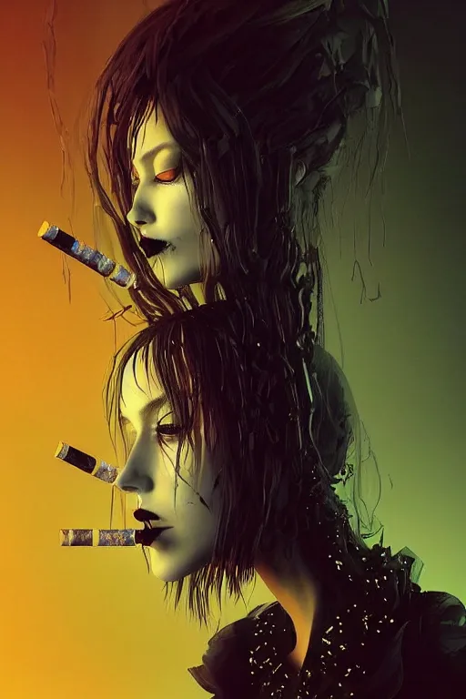 Image similar to Gothic girl smoking a fractal cigarette, dark background. digital art. amazing quality. perfect lighting. Professional design. Great composition. by Bill Sienkiewicz and Tomoyuki Yamasaki and Tsutomu Nihei, octane render, award winning art. impressive colors. trending on artstation. by RHADS