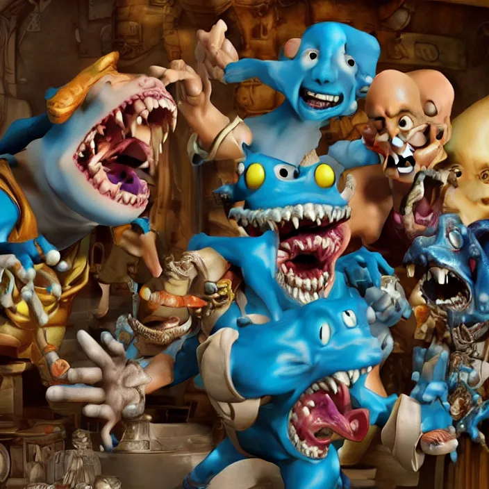 Prompt: jeff koons style street sharks in wallace and gromit, ultra realistic, concept art, intricate details, serious, highly detailed, photorealistic, octane render, 8 k, unreal engine, art by todd mcfarlane and artgerm and greg rutkowski and alphonse mucha