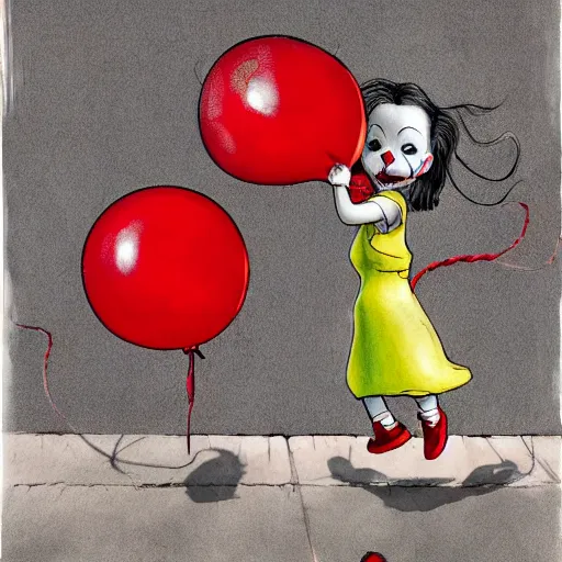 Prompt: grunge cartoon painting of a little girl playing with a jump rope with a wide smile and a red balloon by chris leib, loony toons style, pennywise style, corpse bride style, horror theme, detailed, elegant, intricate