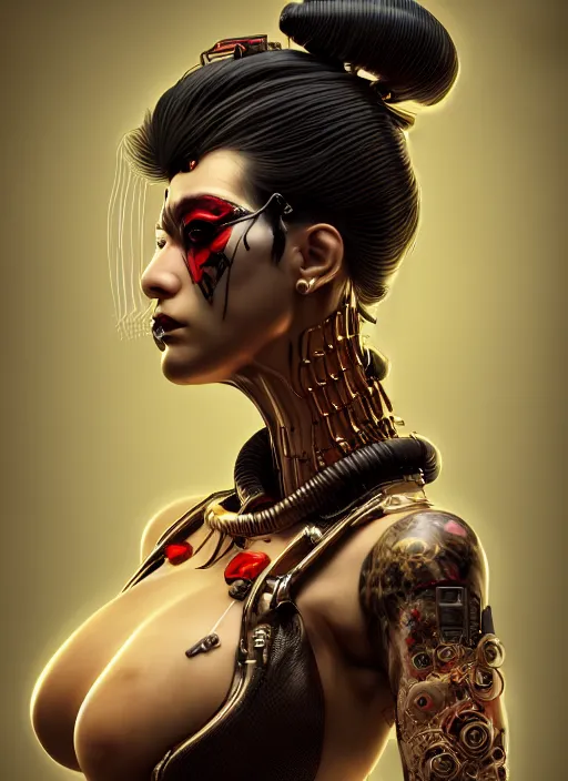 Image similar to portrait of a seductive cyberpunk geisha yakuza raver gutter punk cyborg bioweapon, golden ratio, details, sci - fi, dark fantasy, cyberpunk, intricate, decadent, ornate, highly detailed, digital painting, octane render, 8 k, artstation, concept art, smooth, sharp focus, illustration, art by artgerm, loish, wlop