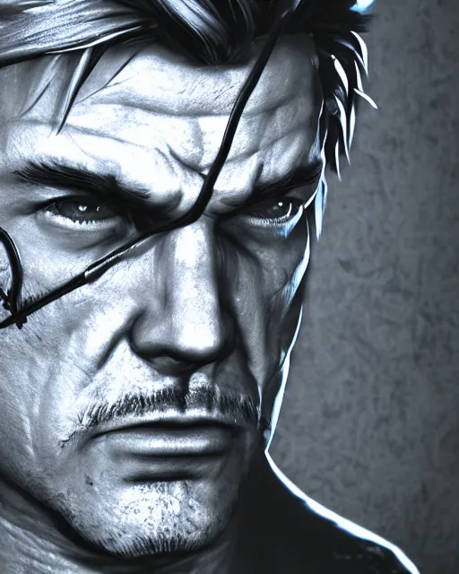 Image similar to solid snake bust portrait, cinematic lighting, anguished depressed facial expression, close - up, black atmospheric background, 4 k photography hdr
