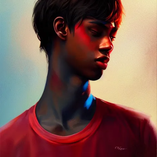 Image similar to colorful and festive captivating teenager with straight brown hair covering his eye, dark skin, big lips, big eyes, wearing a red t - shirt. rich vivid colors, ambient lighting, dynamic lighting, 4 k, atmospheric lighting, painted, intricate, highly detailed by charlie bowater