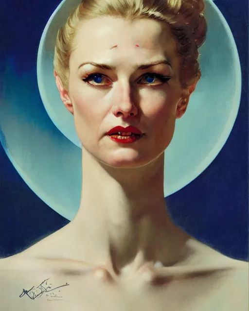 Prompt: head portrait of elegant space woman with wideset blue eyes by norman rockwell, roberto ferri, daniel gerhartz, edd cartier, jack kirby, howard v brown, ruan jia, tom lovell, frank r paul, dean cornwell, astounding stories, amazing, fantasy, other worlds