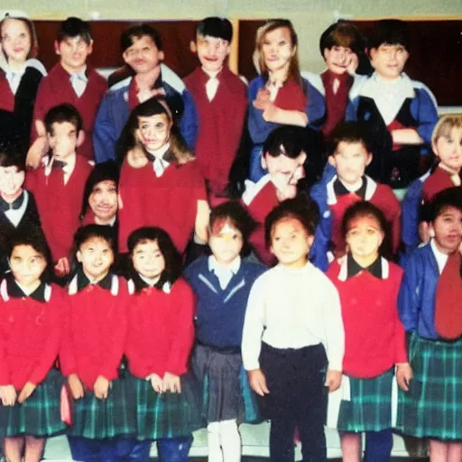 Prompt: School class photo of Jason Momoa with his classmates in kindergarten